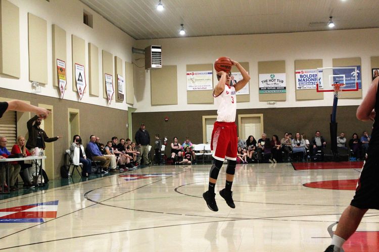 HCAHighSchoolBoysBasketballteamplayertakesa3pointshotagainstVictoryChristian Athletics at Haywood Christian Academy